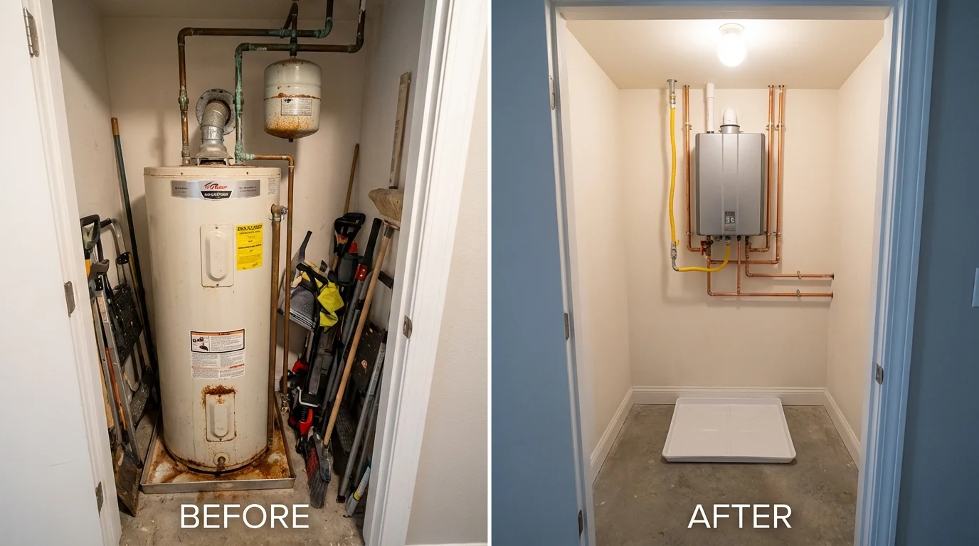 Tank water heater versus wall-mounted tankless unit comparison for Palmyra, ME homeowners