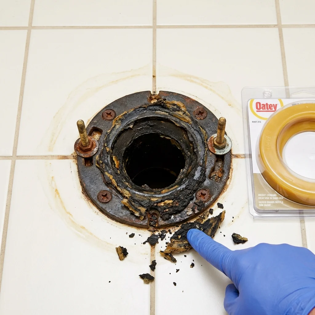 Failed wax ring showing water seepage at the base of a toilet in a Palmyra, ME home