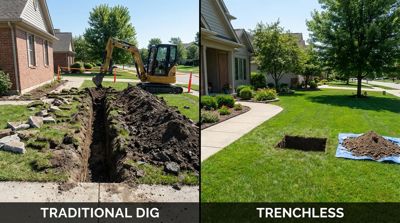 Trenchless sewer repair with minimal yard damage versus traditional excavation in Palmyra, ME