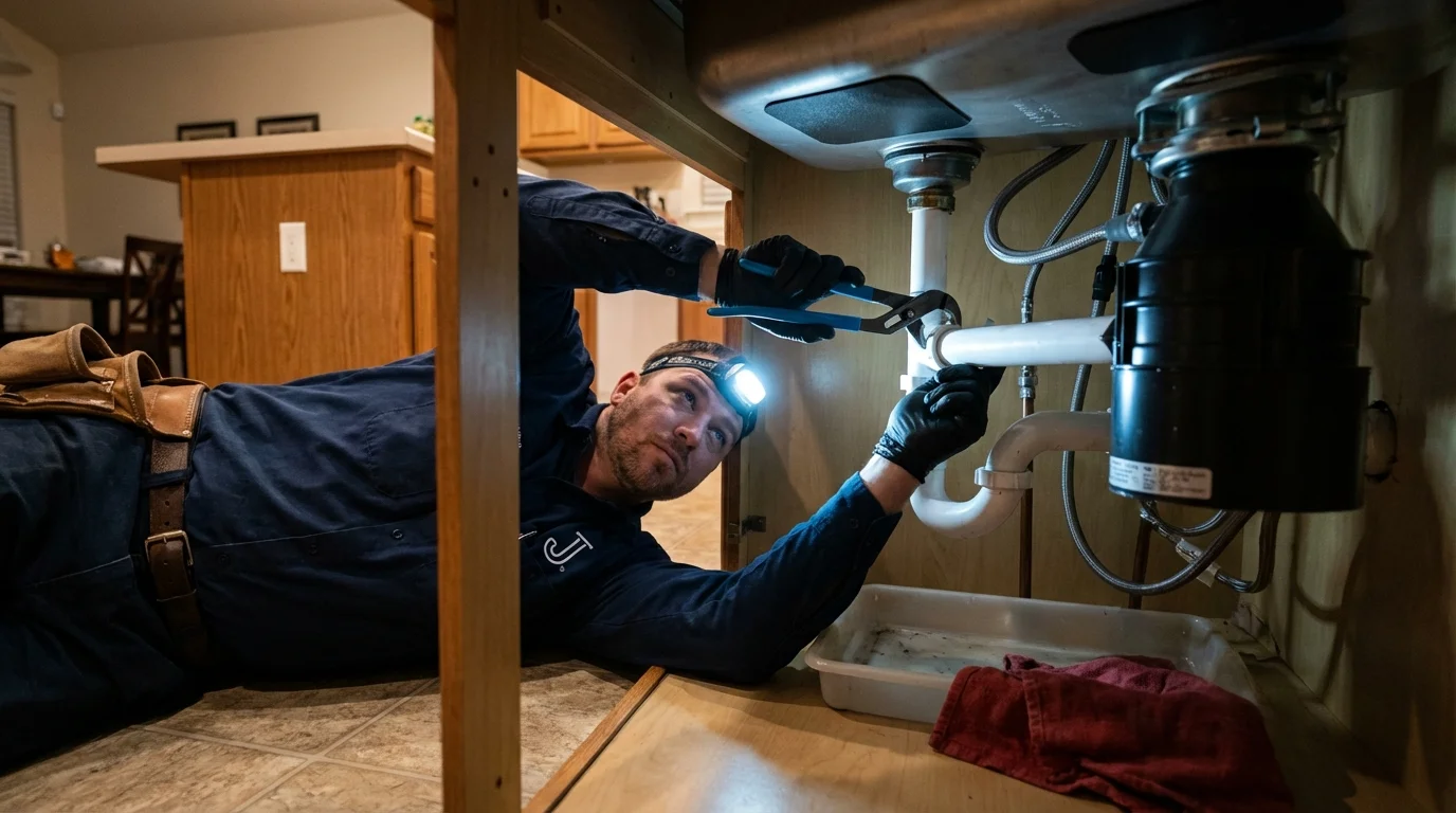 P-trap and supply line connections under a kitchen sink showing a common leak point in Palmyra, ME